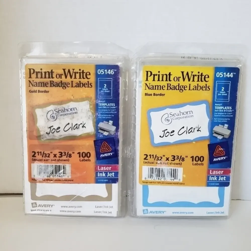 Avery Ink Jet Laser Print or Write Name Badge Labels, Blue and Gold borders